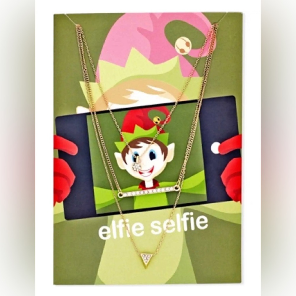 Gold-Tone Pendant Necklace Gift Card Elfie Selfie Set Holiday Christmas